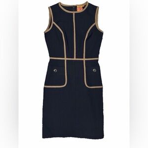 EUC Tory Burch Black Navy Blue Wool Blend Sheath Dress with Tan Trim